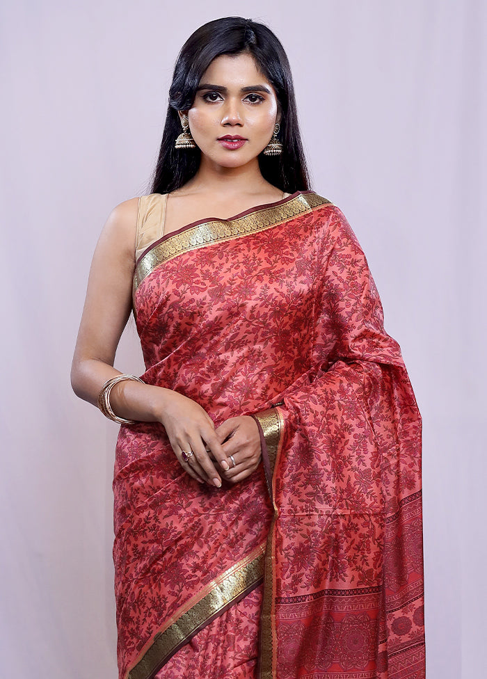 Pink Printed Pure Silk Saree With Blouse Piece - Indian Silk House Agencies