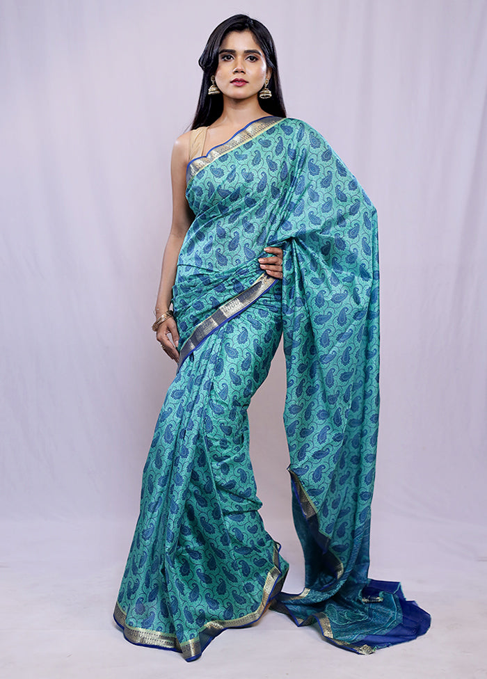 Green Printed Pure Silk Saree With Blouse Piece - Indian Silk House Agencies