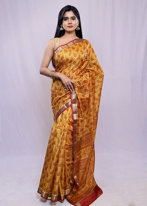 Yellow Printed Pure Silk Saree With Blouse Piece - Indian Silk House Agencies