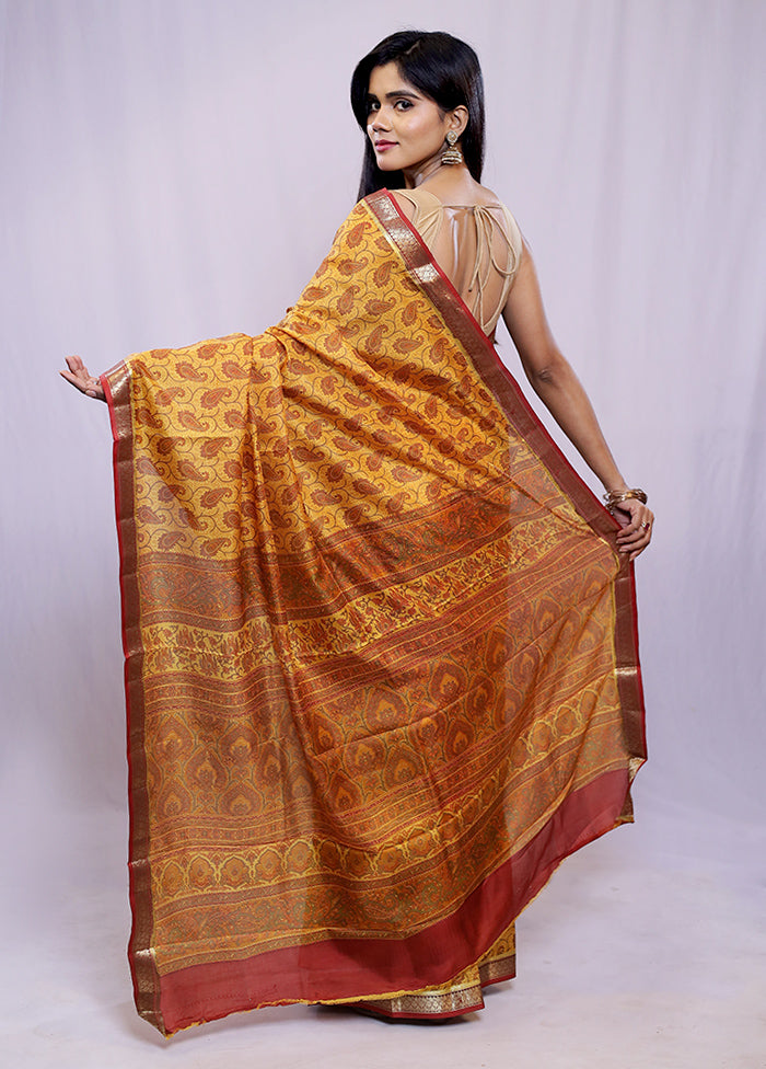 Yellow Printed Pure Silk Saree With Blouse Piece - Indian Silk House Agencies