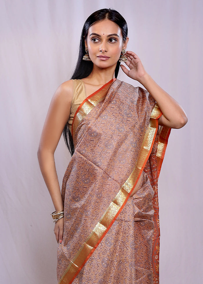 Cream Printed Pure Silk Saree With Blouse Piece - Indian Silk House Agencies