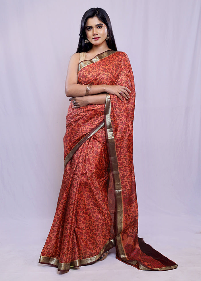 Peach Printed Pure Silk Saree With Blouse Piece - Indian Silk House Agencies