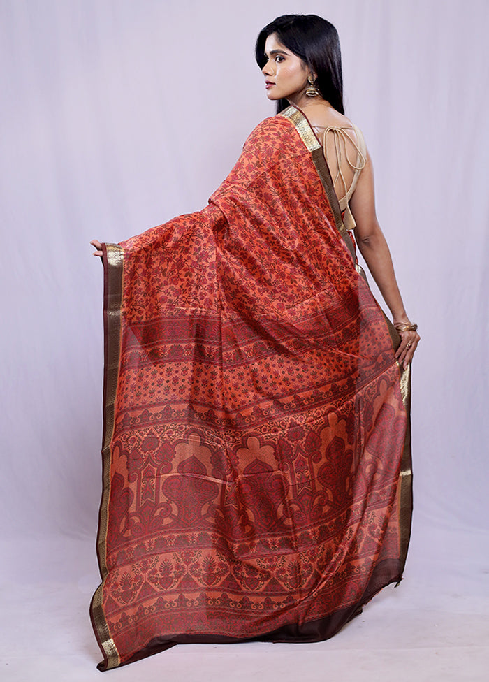 Peach Printed Pure Silk Saree With Blouse Piece - Indian Silk House Agencies