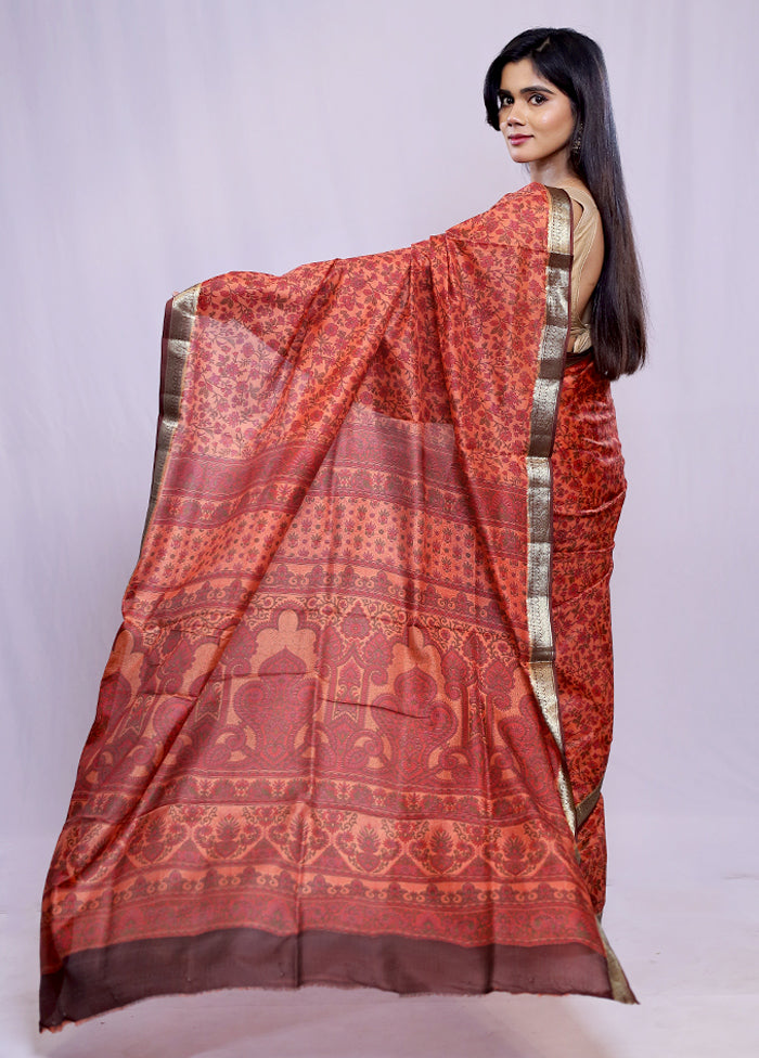 Peach Printed Pure Silk Saree With Blouse Piece - Indian Silk House Agencies
