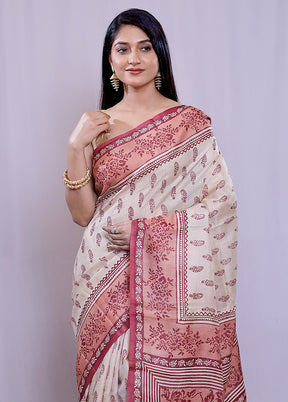 Cream Tussar Pure Silk Saree With Blouse Piece - Indian Silk House Agencies