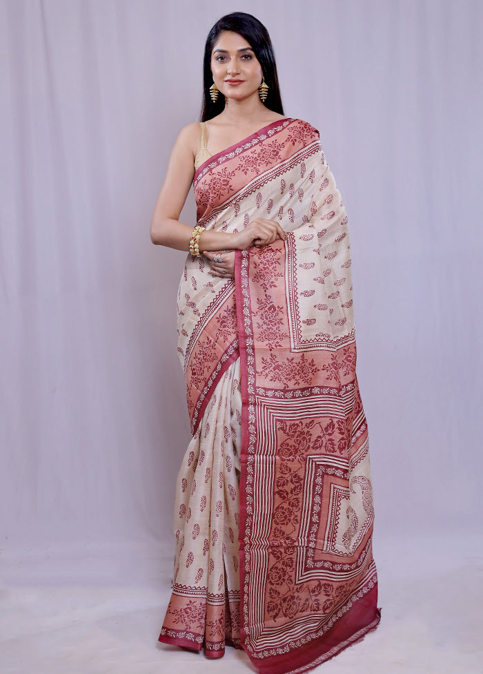 Cream Tussar Pure Silk Saree With Blouse Piece - Indian Silk House Agencies