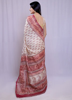 Cream Tussar Pure Silk Saree With Blouse Piece - Indian Silk House Agencies