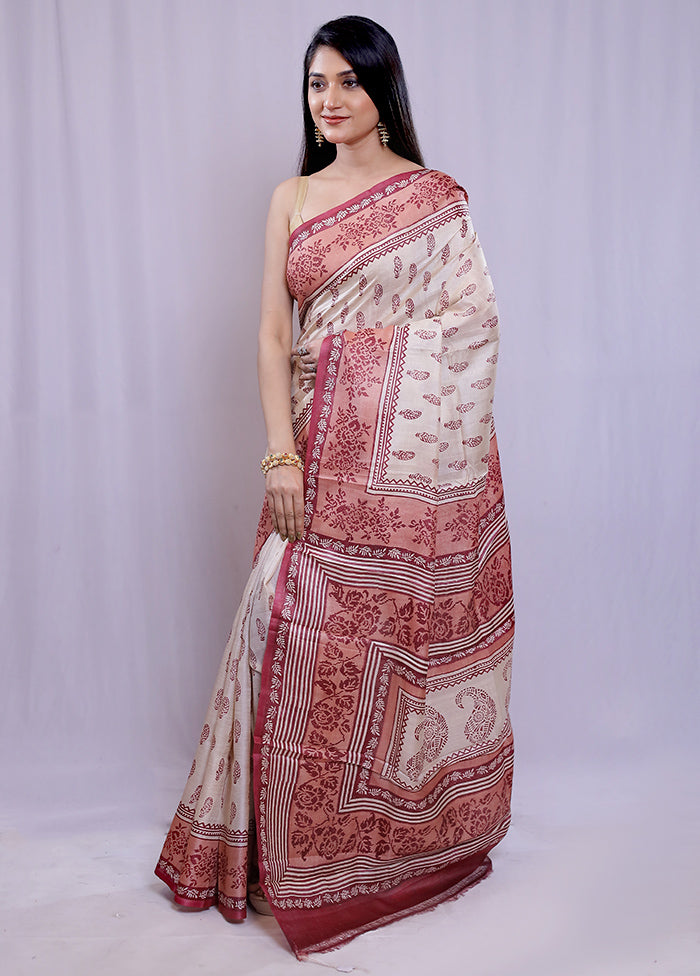 Cream Tussar Pure Silk Saree With Blouse Piece - Indian Silk House Agencies