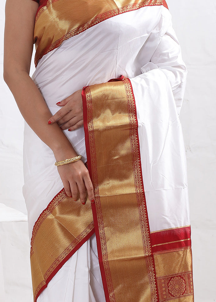 White Kanjivaram Pure Silk Saree With Blouse Piece - Indian Silk House Agencies