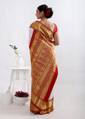 White Kanjivaram Pure Silk Saree With Blouse Piece - Indian Silk House Agencies