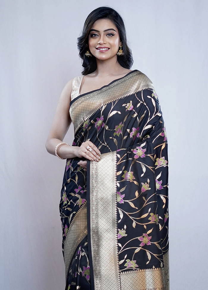 Black Uppada Silk Saree With Blouse Piece - Indian Silk House Agencies