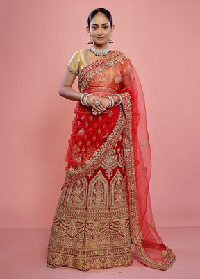 3 Pc Red Semi Stitched Velvet Lehenga Set - Indian Silk House Agencies