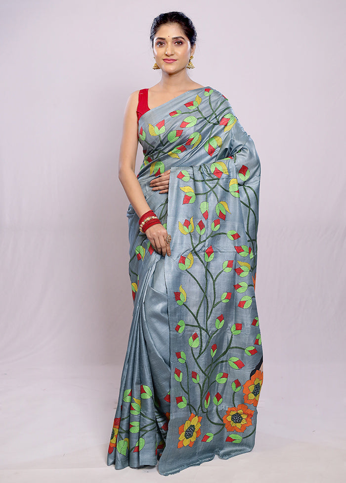 Grey Kantha Stitch Pure Silk Saree With Blouse Piece - Indian Silk House Agencies