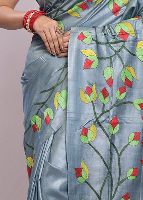 Grey Kantha Stitch Pure Silk Saree With Blouse Piece - Indian Silk House Agencies