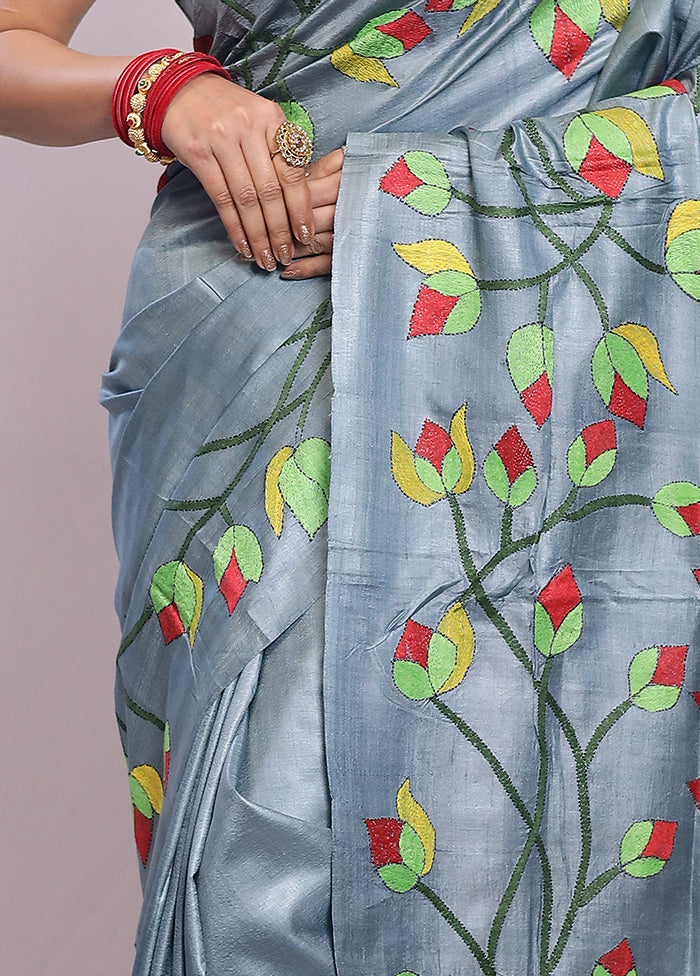 Grey Kantha Stitch Pure Silk Saree With Blouse Piece - Indian Silk House Agencies