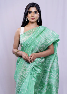 Green Printed Pure Silk Saree With Blouse Piece - Indian Silk House Agencies