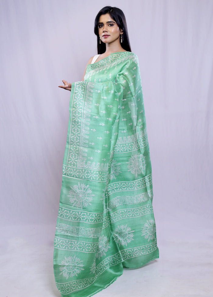 Green Printed Pure Silk Saree With Blouse Piece - Indian Silk House Agencies