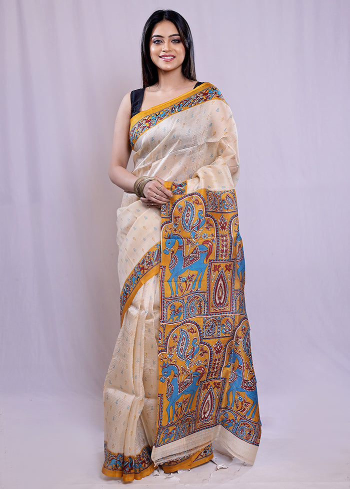 Cream Printed Pure Silk Saree With Blouse Piece - Indian Silk House Agencies