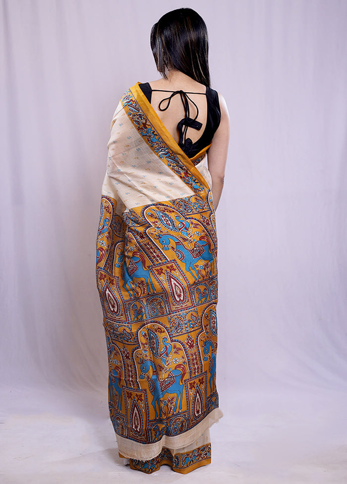 Cream Printed Pure Silk Saree With Blouse Piece - Indian Silk House Agencies