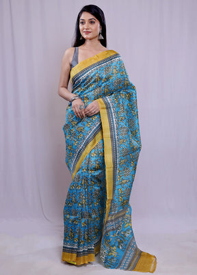 Blue Printed Pure Silk Saree With Blouse Piece - Indian Silk House Agencies