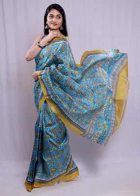 Blue Printed Pure Silk Saree With Blouse Piece - Indian Silk House Agencies