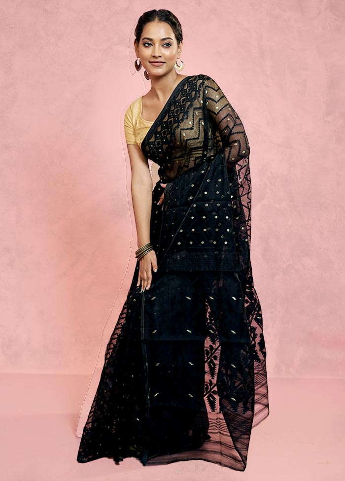 Black Tant Jamdani Saree Without Blouse Piece - Indian Silk House Agencies