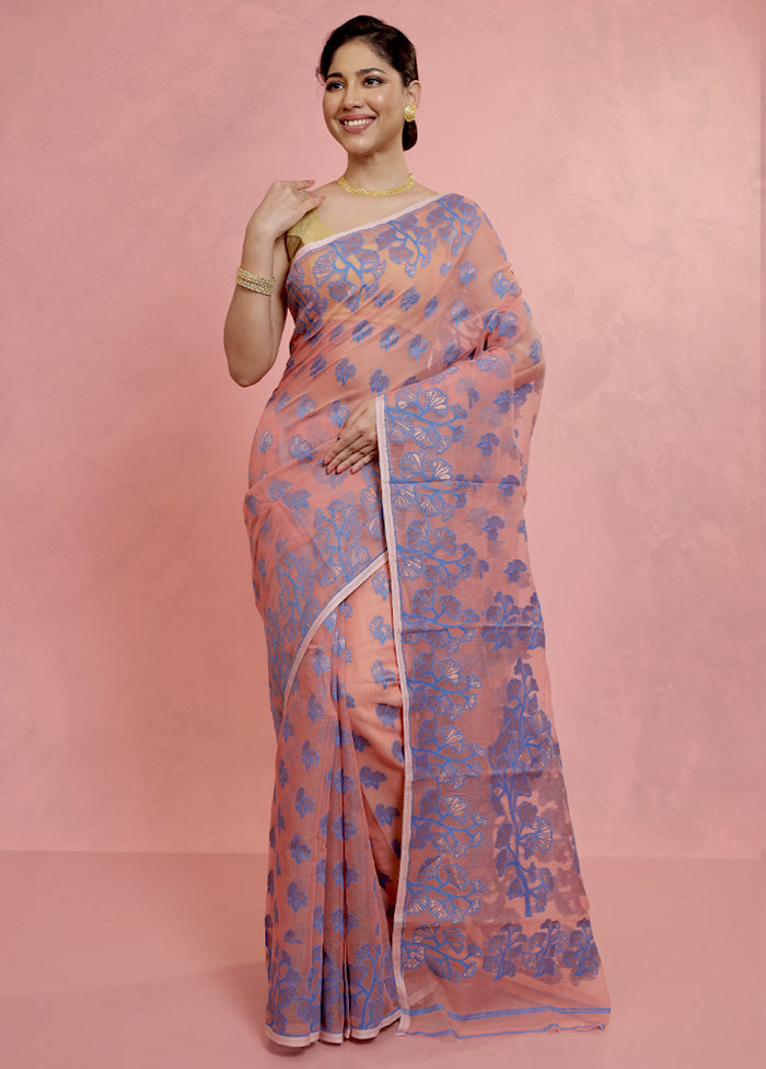 Peach Tant Jamdani Saree Without Blouse Piece - Indian Silk House Agencies