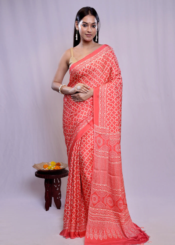 Red Printed Pure Silk Saree With Blouse Piece - Indian Silk House Agencies