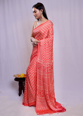 Red Printed Pure Silk Saree With Blouse Piece - Indian Silk House Agencies