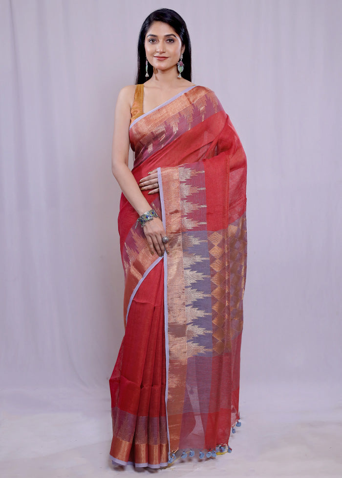 Red Linen Silk Saree With Blouse Piece - Indian Silk House Agencies