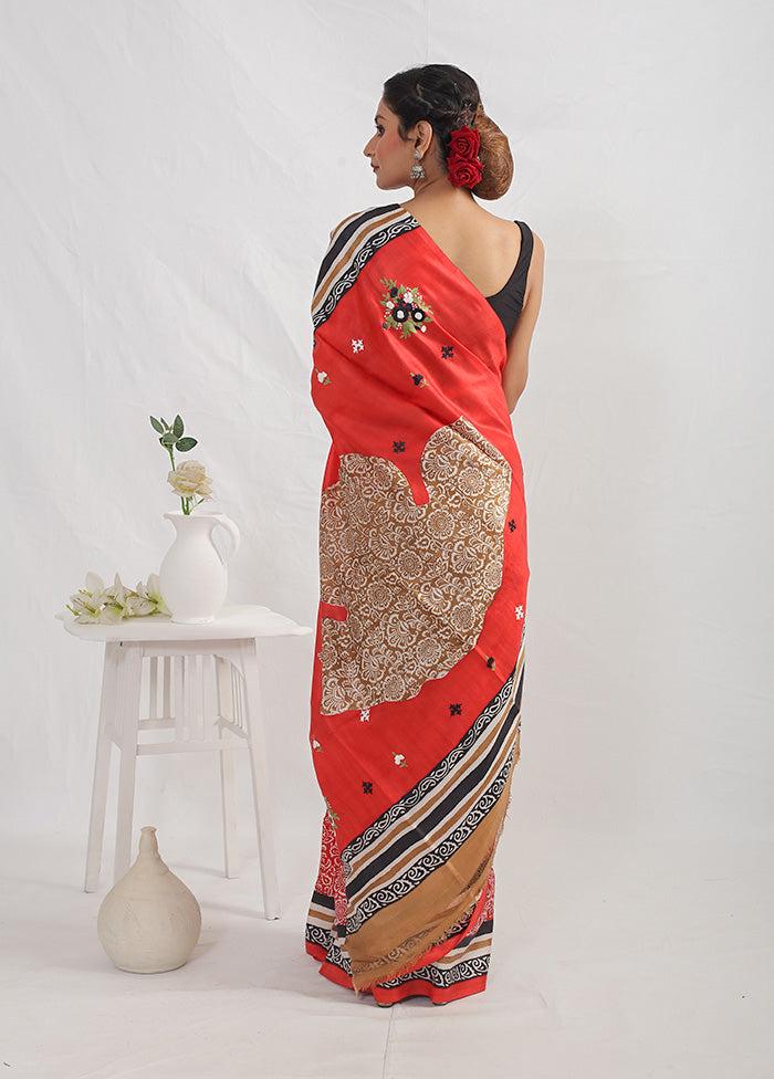 Red Printed Pure Silk Saree With Blouse Piece - Indian Silk House Agencies