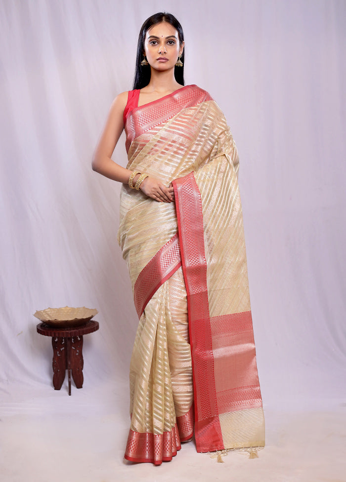 Cream Tissue Silk Saree With Blouse Piece - Indian Silk House Agencies