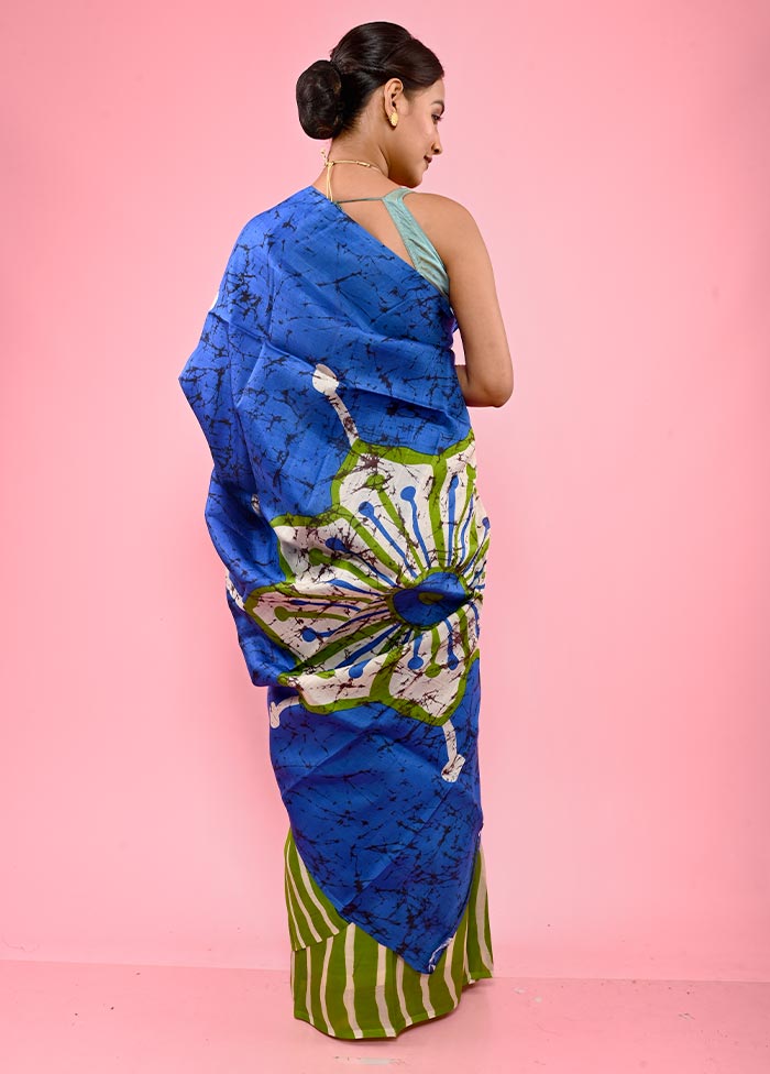 Blue Batik Printed Pure Silk Saree With Blouse Piece - Indian Silk House Agencies