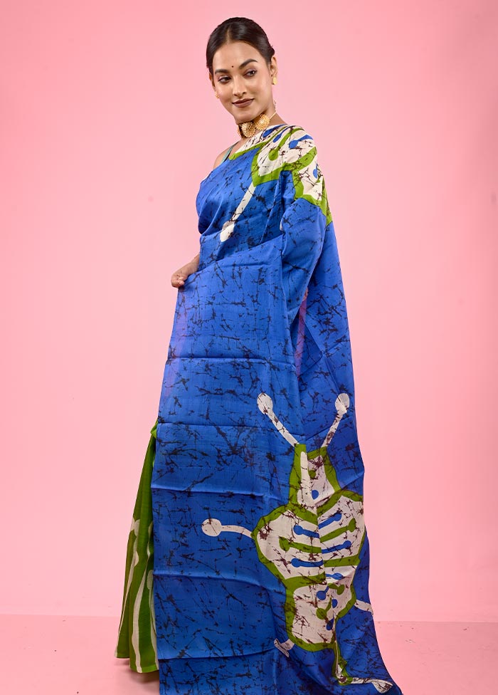 Blue Batik Printed Pure Silk Saree With Blouse Piece - Indian Silk House Agencies