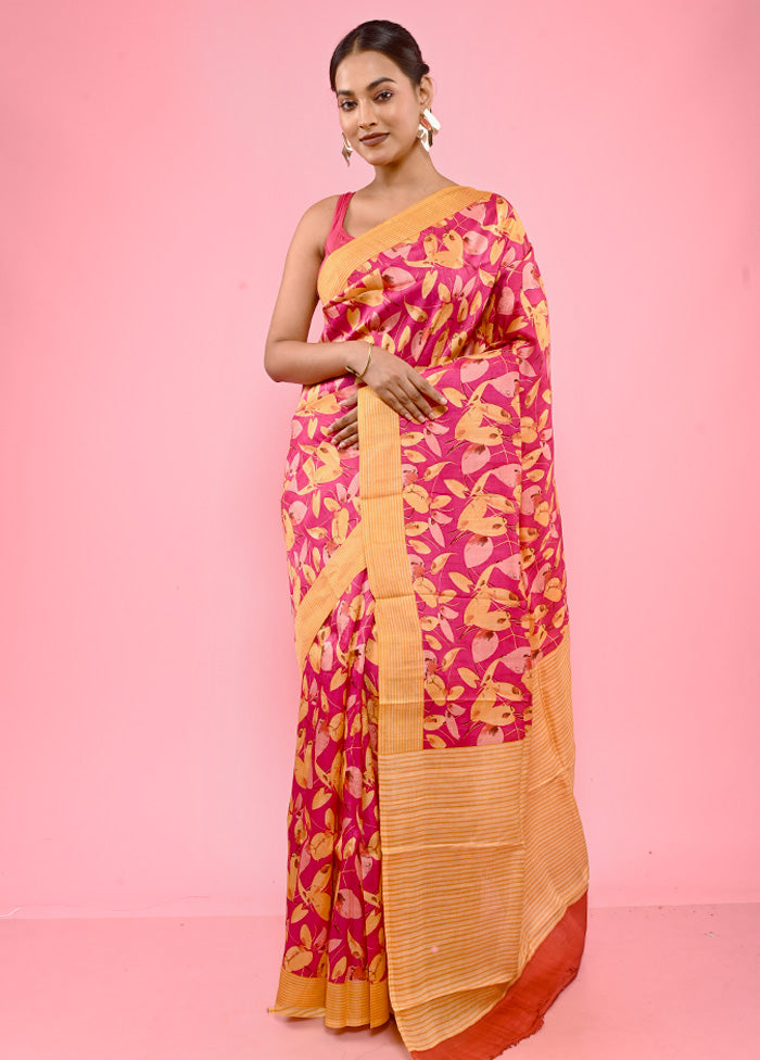 Pink Printed Pure Silk Saree With Blouse Piece - Indian Silk House Agencies