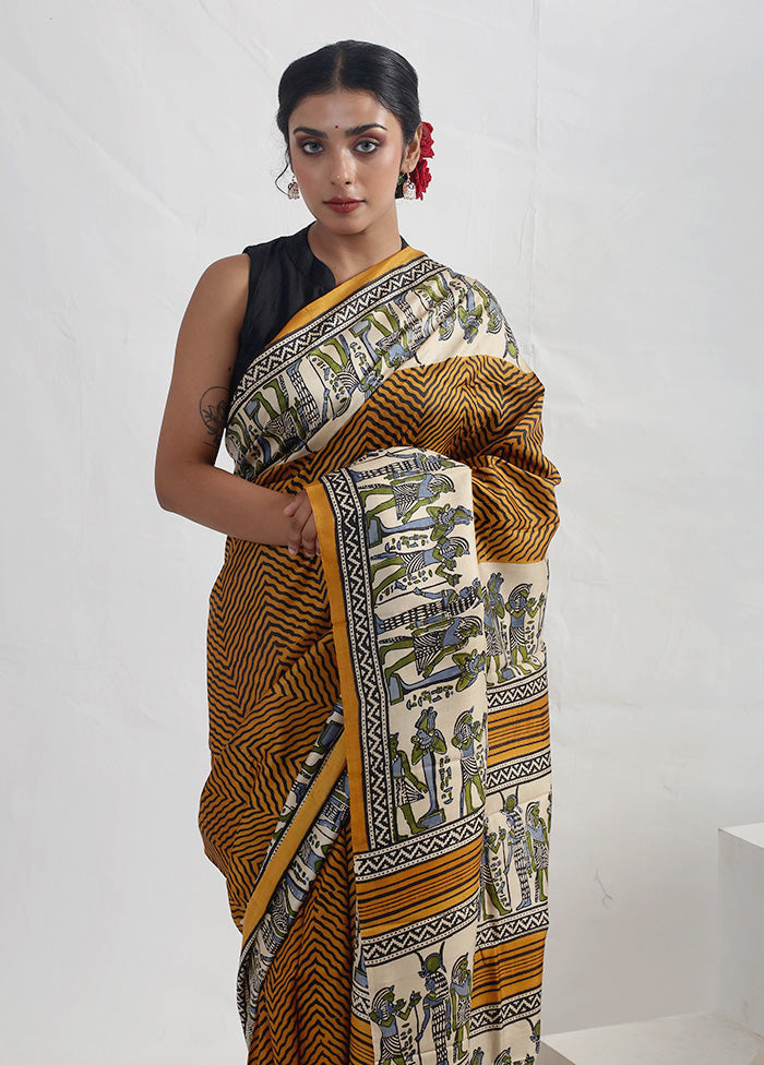 Yellow Printed Pure Silk Saree With Blouse Piece - Indian Silk House Agencies