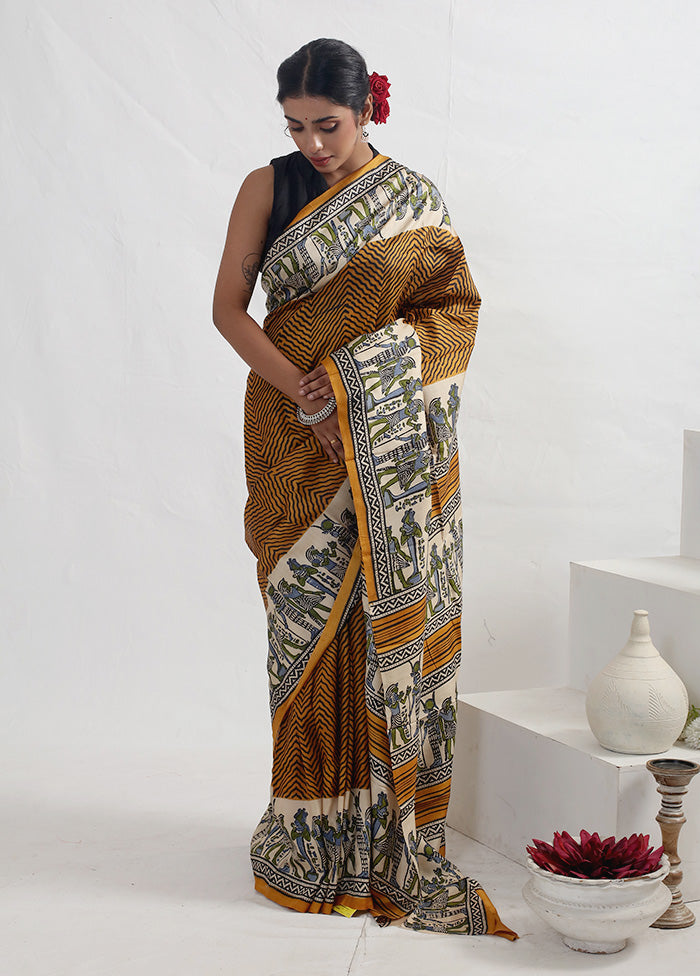 Yellow Printed Pure Silk Saree With Blouse Piece - Indian Silk House Agencies