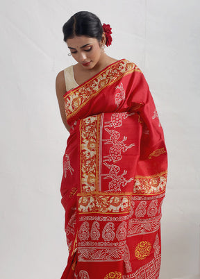 Rust Printed Pure Silk Saree With Blouse Piece - Indian Silk House Agencies