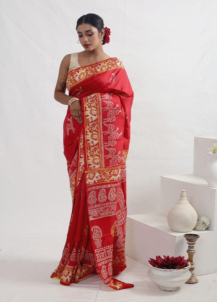 Rust Printed Pure Silk Saree With Blouse Piece - Indian Silk House Agencies