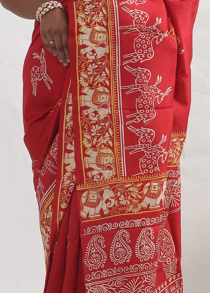 Rust Printed Pure Silk Saree With Blouse Piece - Indian Silk House Agencies