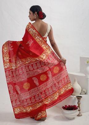 Rust Printed Pure Silk Saree With Blouse Piece - Indian Silk House Agencies