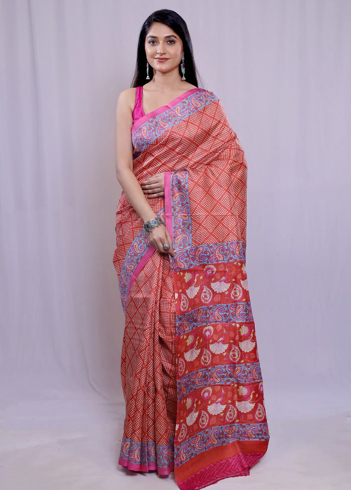 Rust Printed Pure Silk Saree With Blouse Piece - Indian Silk House Agencies
