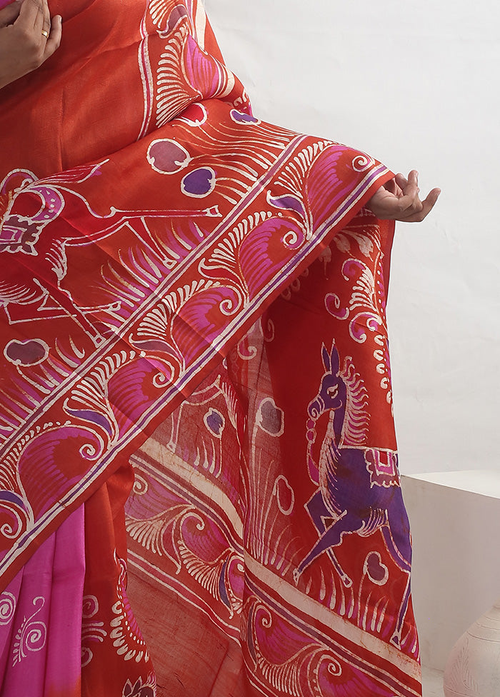 Rust Batik Printed Pure Silk Saree With Blouse Piece - Indian Silk House Agencies