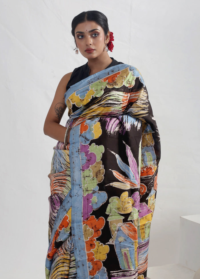 Black Batik Printed Pure Silk Saree With Blouse Piece - Indian Silk House Agencies