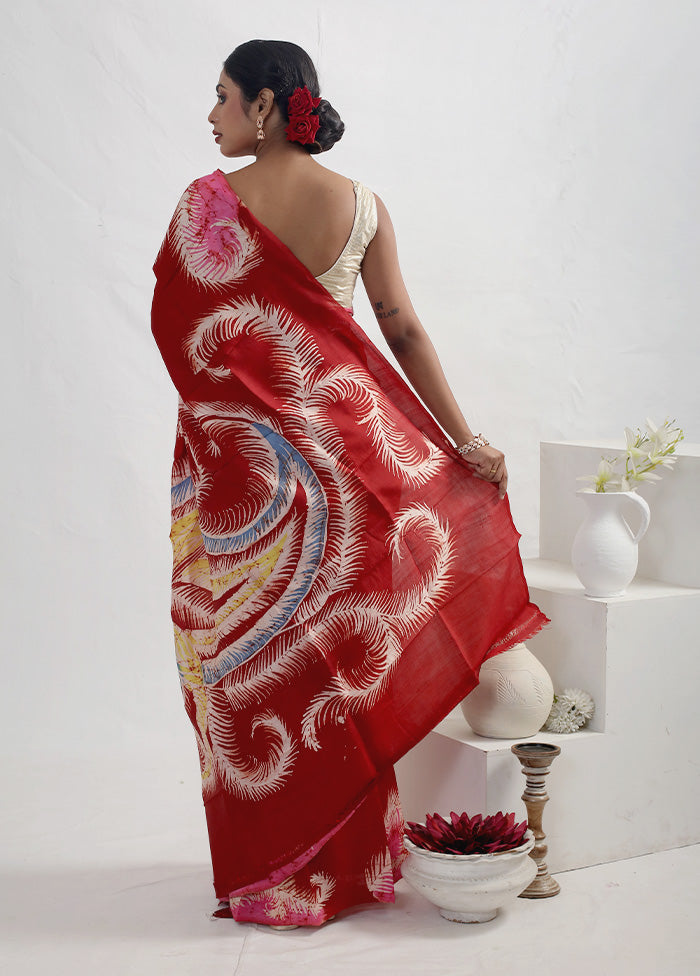 Red Batik Printed Pure Silk Saree With Blouse Piece - Indian Silk House Agencies