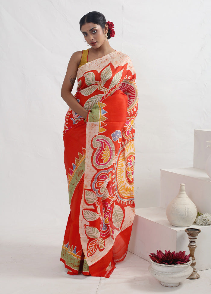 Orange Batik Printed Pure Silk Saree With Blouse Piece - Indian Silk House Agencies