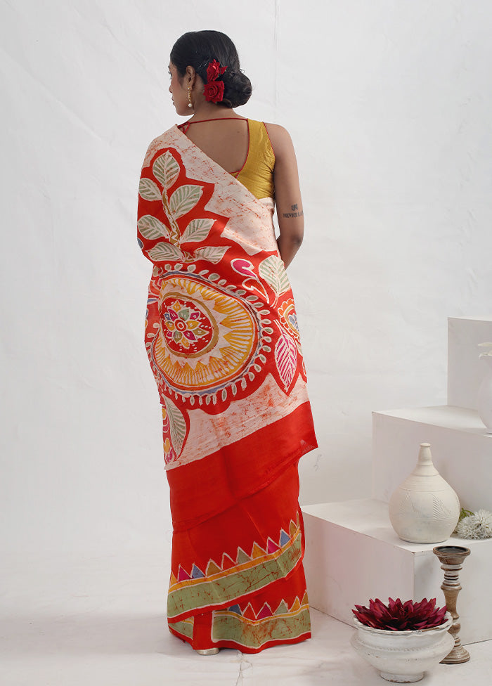 Orange Batik Printed Pure Silk Saree With Blouse Piece - Indian Silk House Agencies