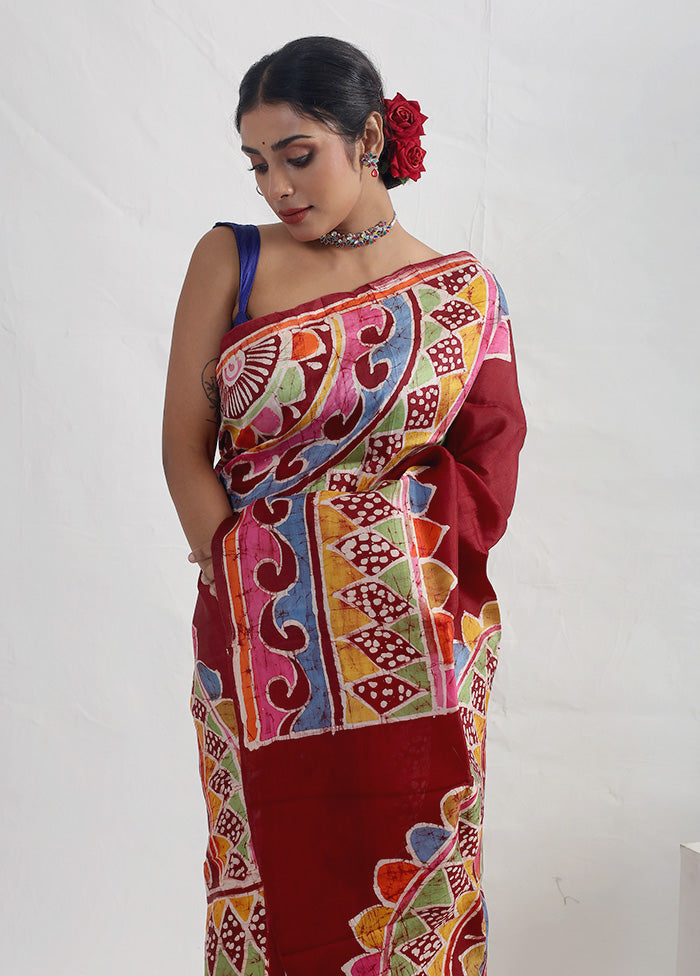 Brown Batik Printed Pure Silk Saree With Blouse Piece - Indian Silk House Agencies