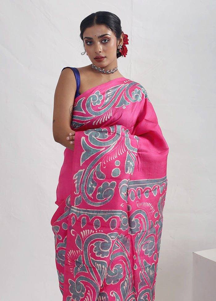 Pink Batik Printed Pure Silk Saree With Blouse Piece - Indian Silk House Agencies