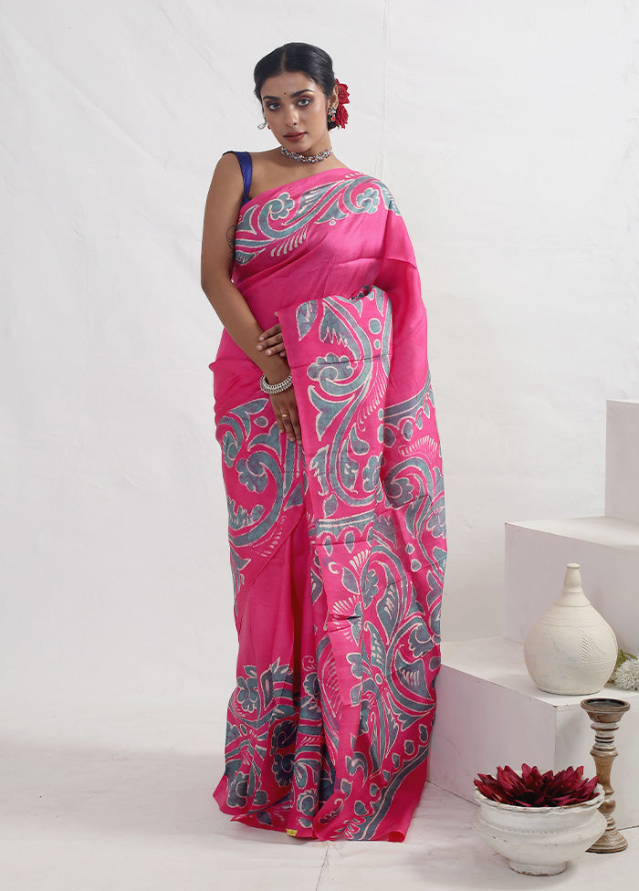 Pink Batik Printed Pure Silk Saree With Blouse Piece - Indian Silk House Agencies